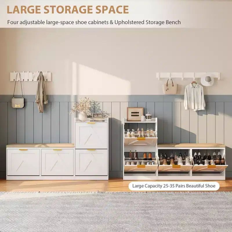 Meuble à chaussures style farmhouse avec banc, 4 tiroirs basculants pour l’entrée, organisateur de rangement avec assise rembourrée confortable, banc porte-chaussures autoportant