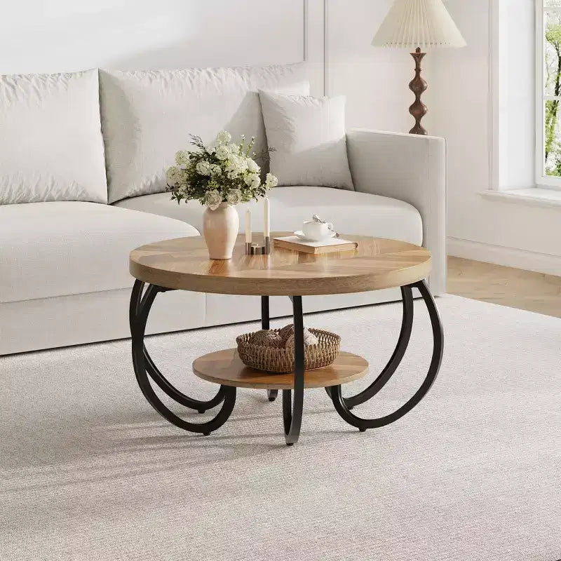 Ronde industriële salontafel van 30 inch, 2 niveaus, met verstelbare voetjes, plank met houtnerf, vlamontwerp, eenvoudig te monteren, voor de woonkamer
