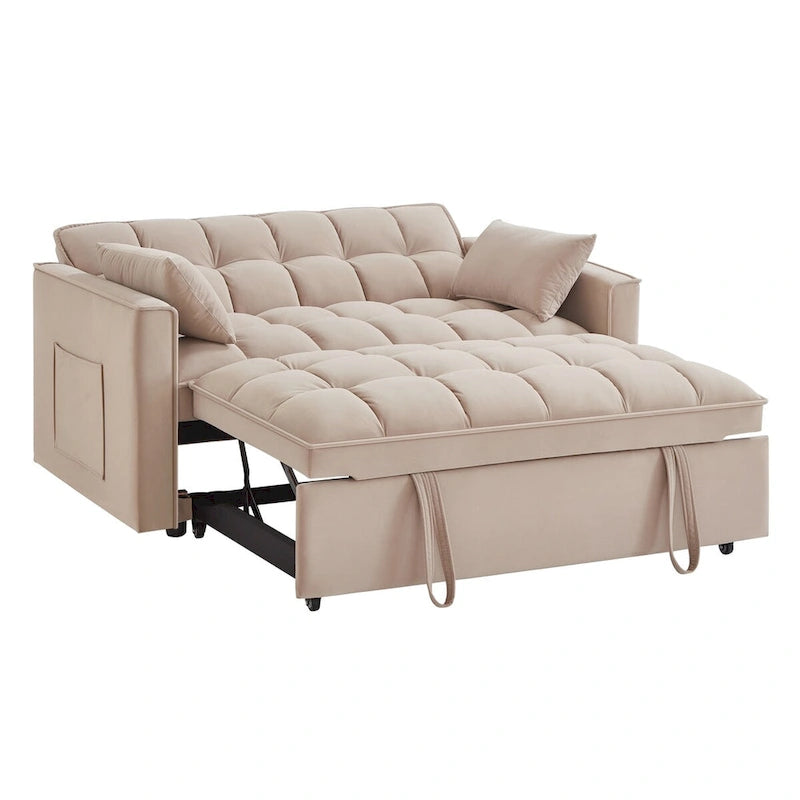 4-in-1-Zweisitzer-Schlafsofa mit Armlehnen und Aufbewahrungstaschen, multifunktionales, getuftetes Ausziehsofa mit verstellbarer Rückenlehne