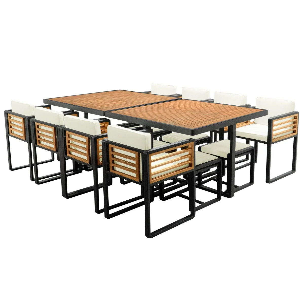 18-teiliges Garten-Esszimmer-Set aus Akazienholz, 8 gepolsterte Stühle, 8 Hocker und 2 quadratische Tische