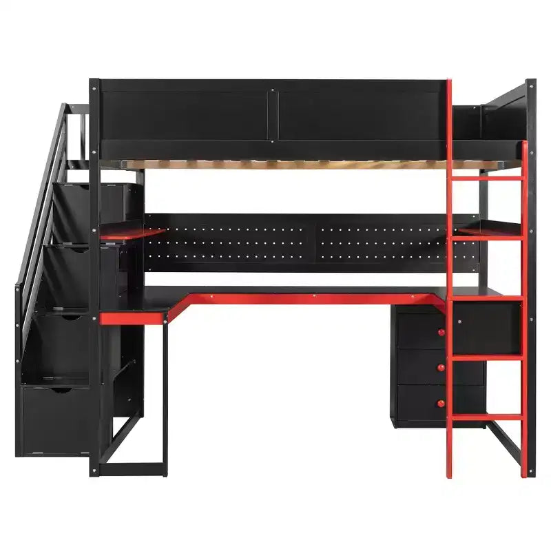 GDFStudio Scott Gaming-Hochbett aus Holz mit Aufbewahrungstreppen, Schreibtisch, Regalen und Lochwand