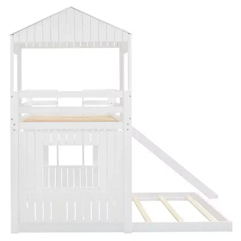 Lit superposé en bois Luxystar, couchage supérieur 1 place et inférieur 2 places, avec maisonnette, toboggan et barrières de sécurité