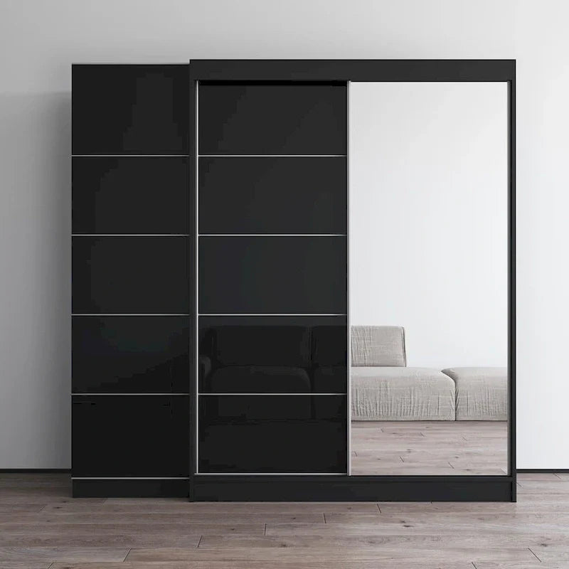 Kleiderschrank mit 2 Türen und Spiegel, Glasfront, für 2 Personen (Grau / Schwarz / Weiß)