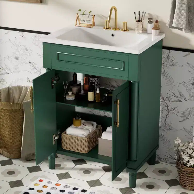 Badkamermeubel van 24 met keramische wastafel, kast in shakerstijl, 2 softclosedeuren en massiefhouten frame, voor een kleine badkamer of toiletruimte
