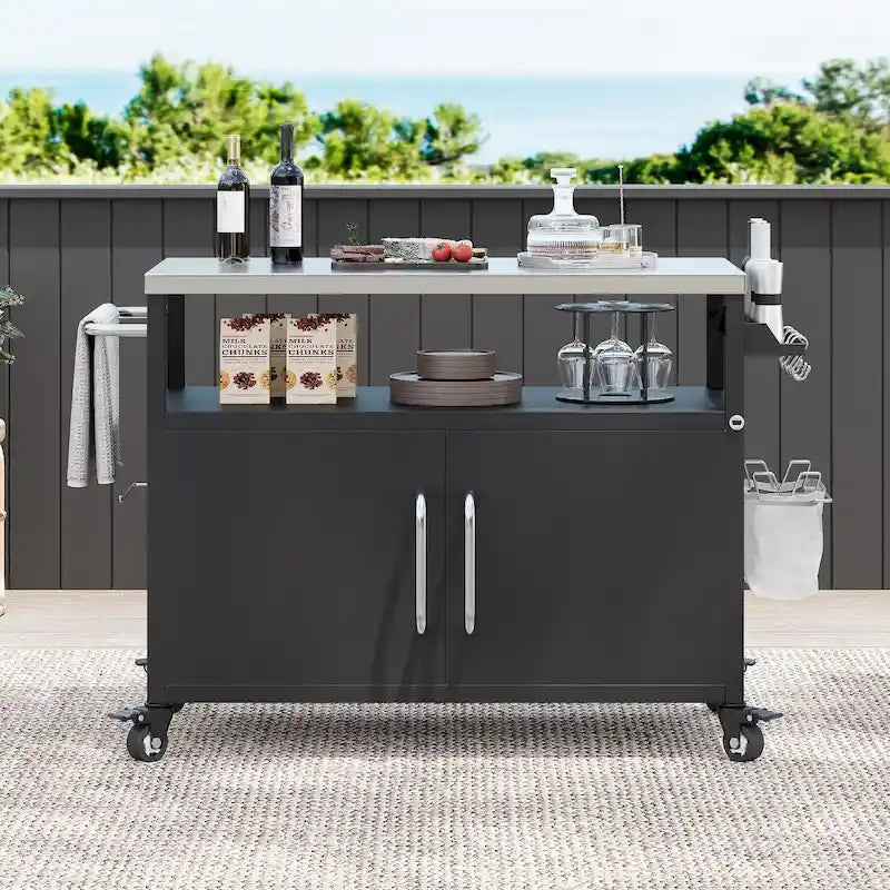 Buiteneiland voor de keuken met roestvrijstalen blad, metalen grillwagen met opbergkast - N/A