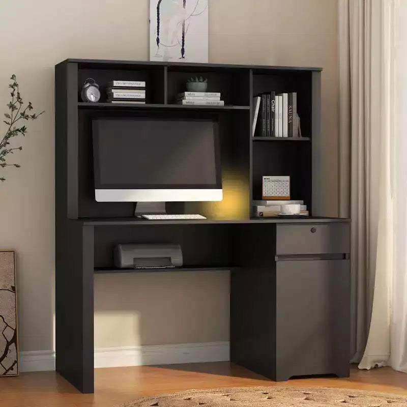 Moderne computerbureau van 51.18IN met opzetkast en boekenplank, bureau met veel opbergruimte, schrijftafel voor studeerkamer en leesruimte