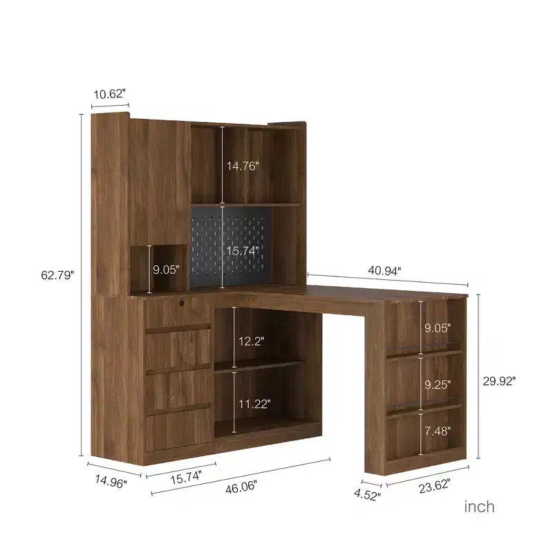 Bureau d’angle en L de 46 pouces avec bibliothèque et tiroirs