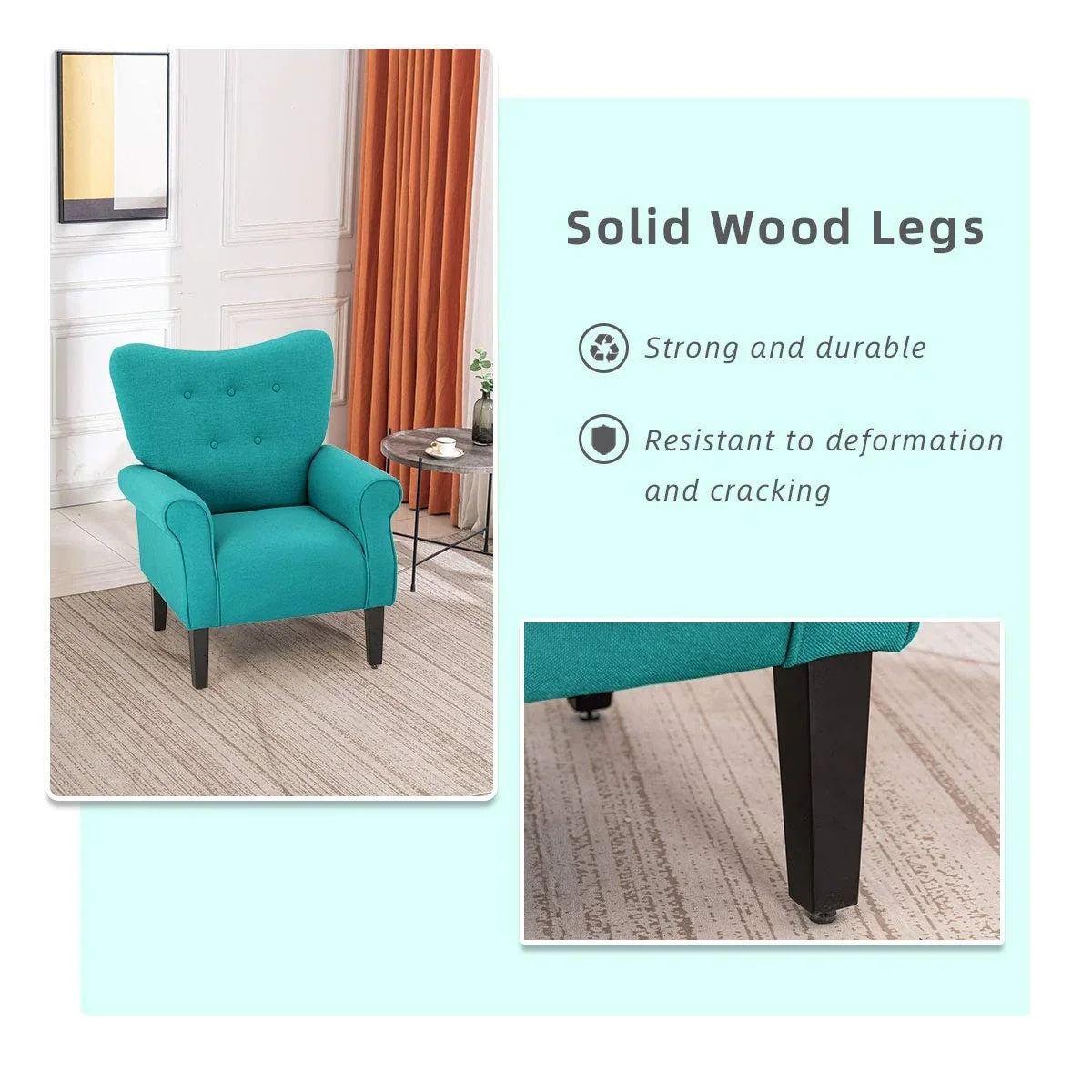 Fauteuil d’appoint moderne Erommy à dossier haut, fauteuil une place en tissu rembourré avec boutons et pieds en bois, pour salon