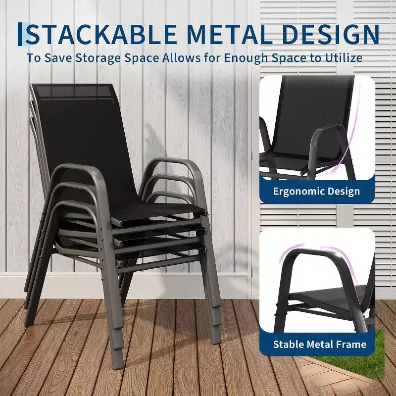 Terrasstoelen, stapelbare buiteneetkamerstoelen set van 4/6, lichtgewicht Textilene-stoelensets voor buiten voor alle weersomstandigheden, met armleuningen voor de achtertuin en het zwembadterras