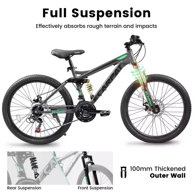 Okak 27.5IN mountainbike met dubbele vering voor en achter, terreinfiets met 21 versnellingen en mechanische schijfremmen, volwassen fiets voor mannen en vrouwen