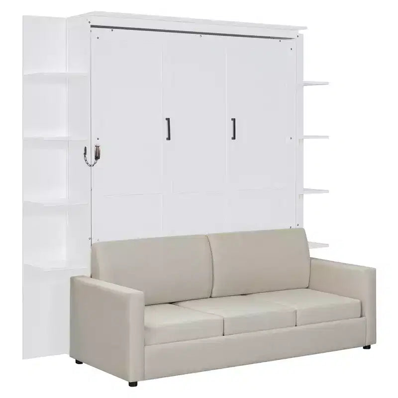 Queen-Murphy-Bett mit Sofa, Schrankbett in Queen-Size zum Zusammenklappen mit Bücherregal und Regalen für Gästezimmer oder Büro