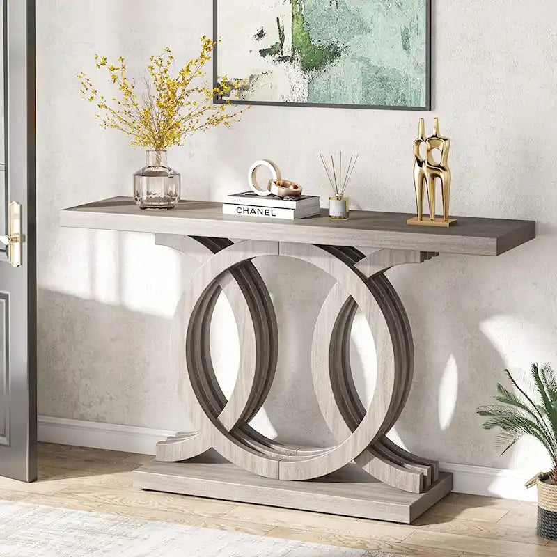 Vintage consoletafel met geometrisch onderstel, houten haltafel
