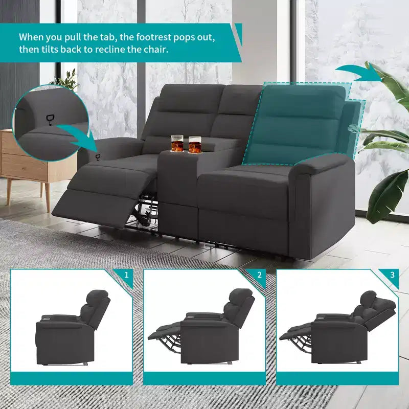 Beiges/graues Zweisitzer-Liegesofa aus Tech-Gewebe mit verstellbarer Rückenlehne und Fußstütze