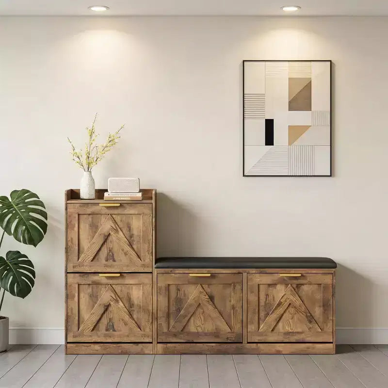 Meuble à chaussures style farmhouse avec banc, 4 tiroirs basculants pour l’entrée, organisateur de rangement avec assise rembourrée confortable, banc porte-chaussures autoportant