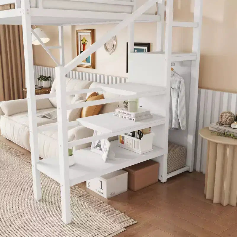 Okak Hochbett für Einzelbettmatratze mit Kleiderschrank, 94 Zoll, mit Ablagefächern und Korb, Bettgestell für Schlafzimmer und Wohnheim