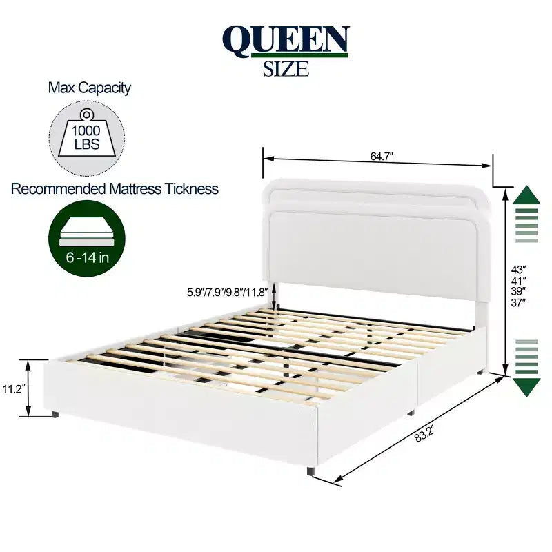 Modernes Queensize-Bett mit Bouclé-Polsterung und Schubladen