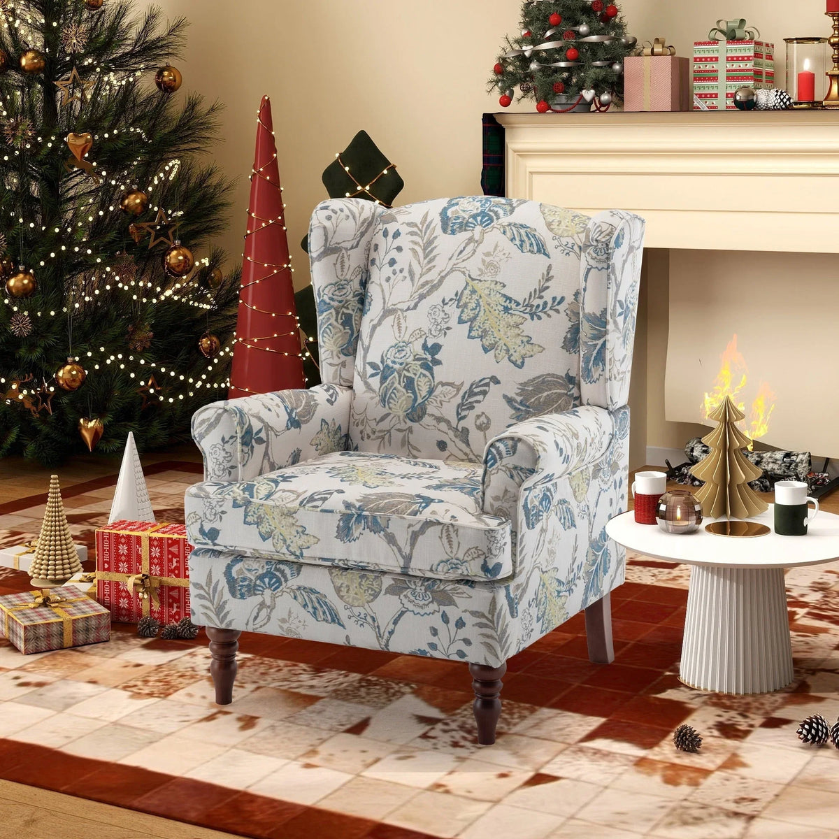 Fauteuil d’appoint moderne Erommy à dossier haut, fauteuil une place en tissu rembourré avec boutons et pieds en bois, pour salon