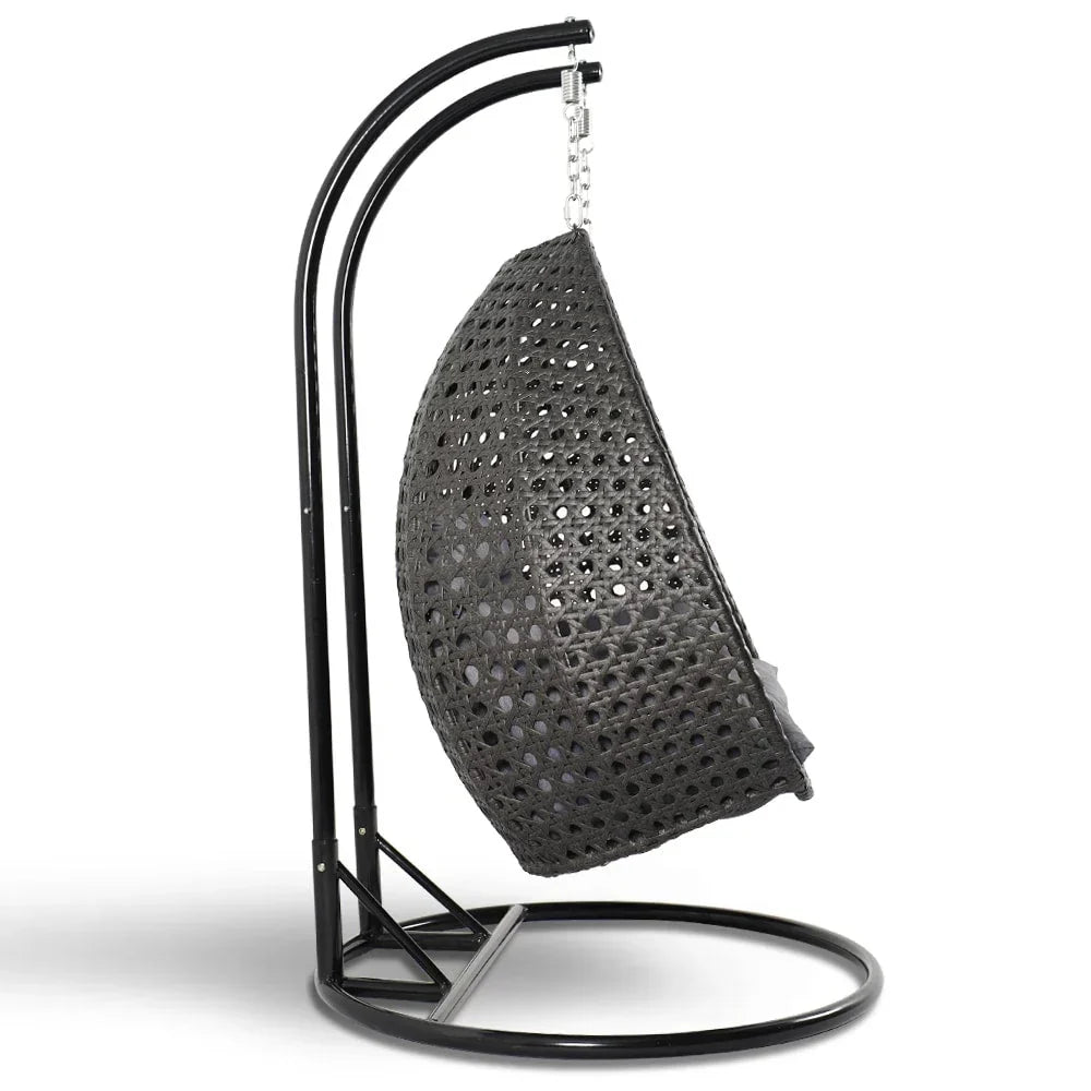 Fauteuil œuf suspendu 2 places LeisureMod avec support - fauteuil hamac balançoire de patio en osier de rotin pour l’extérieur et l’intérieur, avec coussins