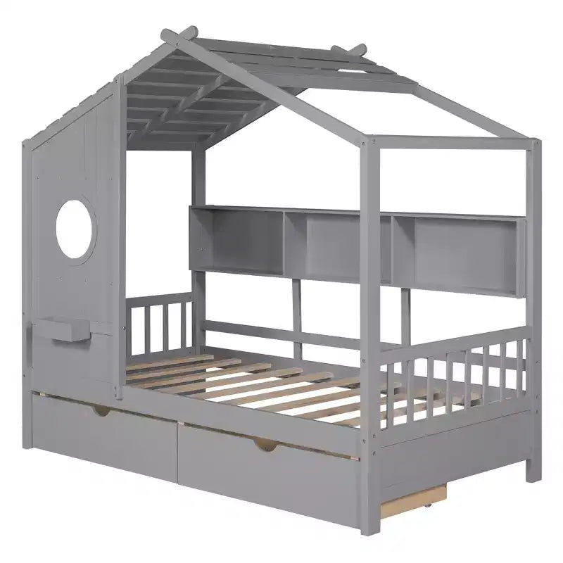 Lit cabane en bois format simple/double avec 2 tiroirs, lit pour enfant avec étagère de rangement - ModernLuxe