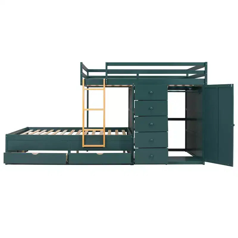 Stapelbed met twee tweepersoonsbedden, opbergkast en laden, houten stapelbed in tweepersoonsformaat met ruimtebesparend ontwerp en veiligheidsreling voor appartement en slaapkamer