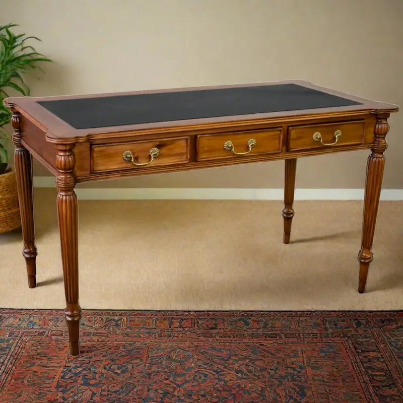 Dark Brown / Light Brown Victorian-Style Solid Mahogany Desk with Black Leather Top and 3 Drawers ?C Single Unit