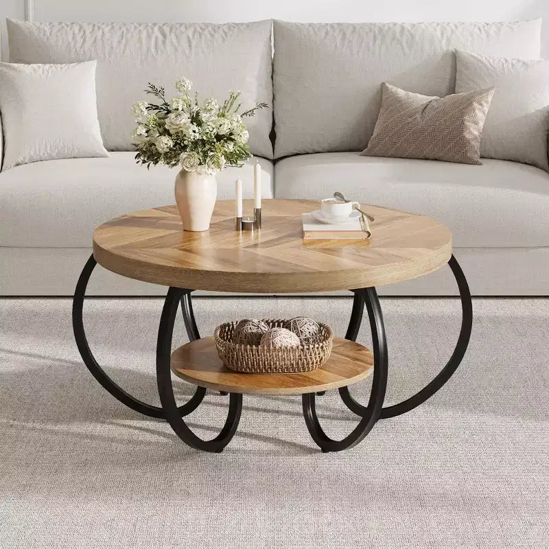 Ronde industriële salontafel van 30 inch, 2 niveaus, met verstelbare voetjes, plank met houtnerf, vlamontwerp, eenvoudig te monteren, voor de woonkamer
