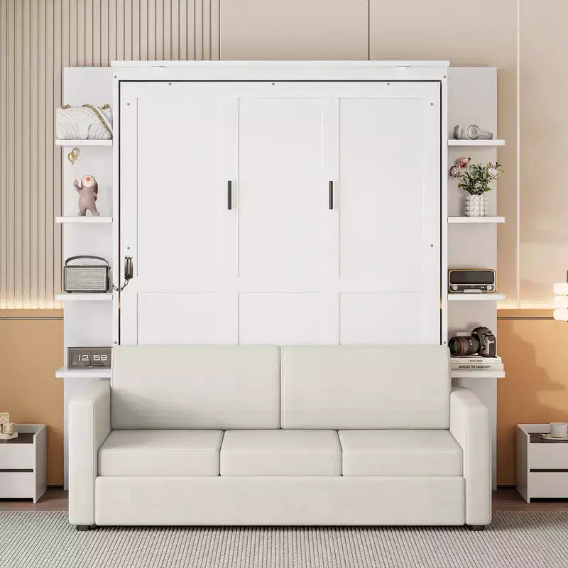 Queen-Murphy-Bett mit Sofa, Schrankbett in Queen-Size zum Zusammenklappen mit Bücherregal und Regalen für Gästezimmer oder Büro