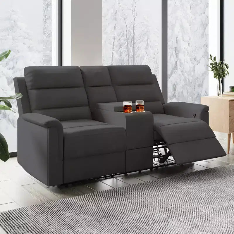 Beiges/graues Zweisitzer-Liegesofa aus Tech-Gewebe mit verstellbarer Rückenlehne und Fußstütze