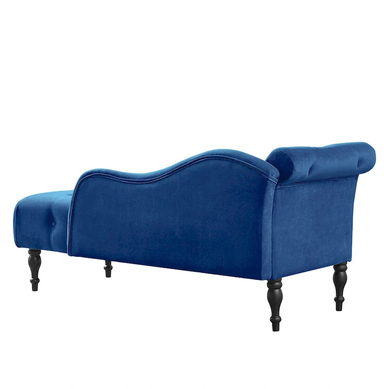 Moderne chaise longue van 60,6, bekleed met fluweel en voorzien van gecapitonneerde knopen, met poten van massief hout en sierspijkers