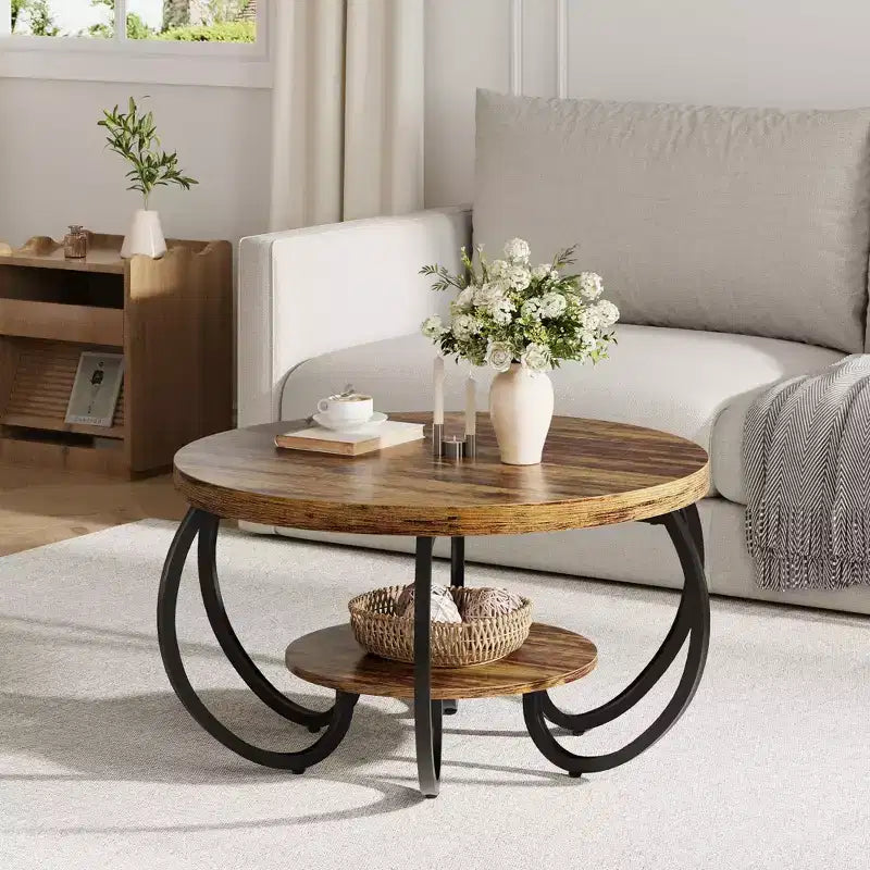 Ronde industriële salontafel van 30 inch, 2 niveaus, met verstelbare voetjes, plank met houtnerf, vlamontwerp, eenvoudig te monteren, voor de woonkamer