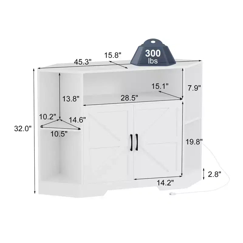 Meuble TV d’angle pour téléviseurs jusqu’à 55, console multimédia de style maison de campagne avec portes de grange, étagères ouvertes et placard de rangement, blanc