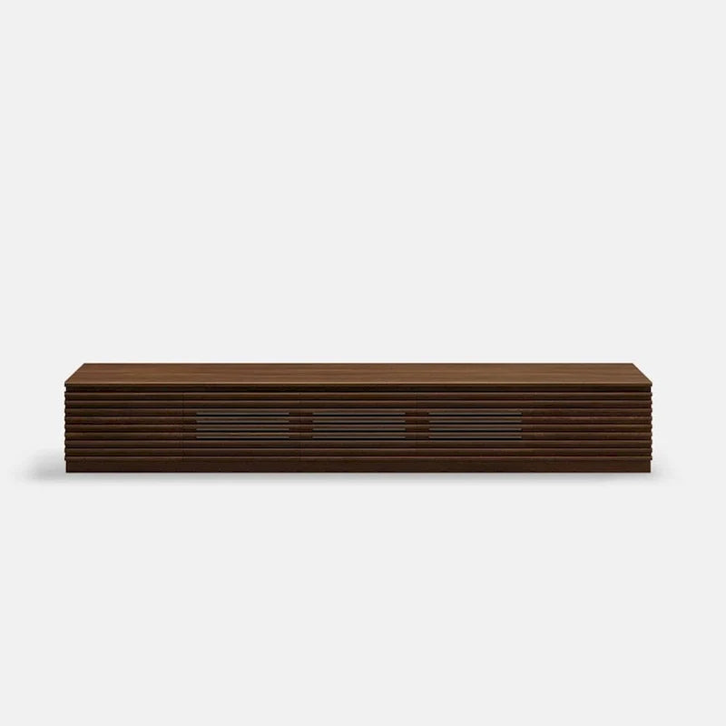 Minimalistische tv-kast met lades, mediameubel van massief hout met kasten, neerklapbare deur, walnootfineer, volledig gemonteerd