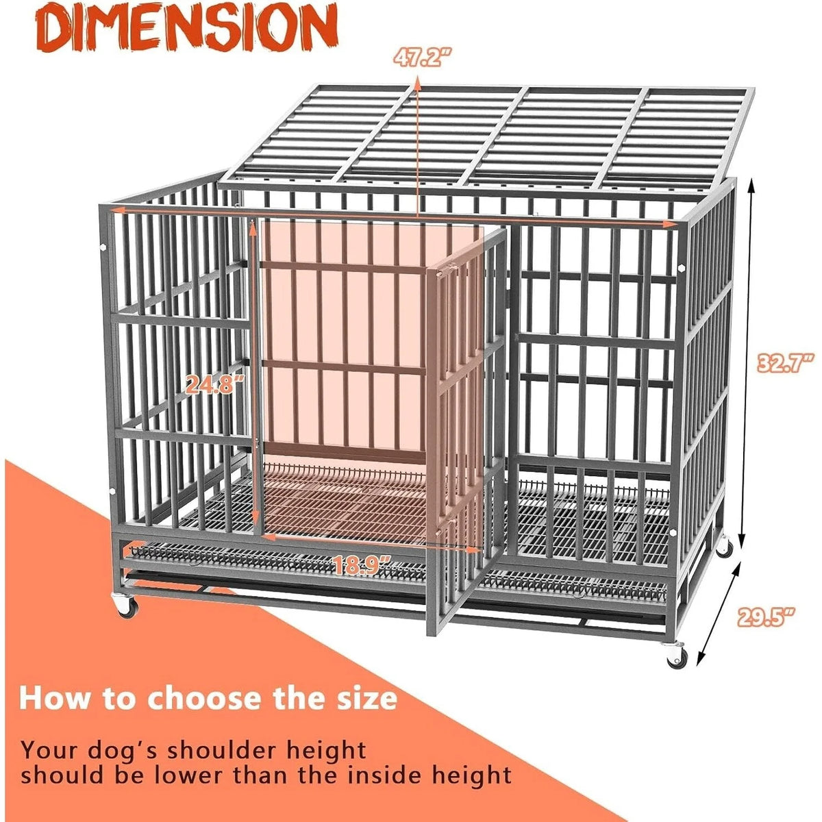 BOSSIN 48/38 inch Heavy Duty Indestructible Dog Crate, Escape Proof Dog Cage Kennel with Lockable Wheels