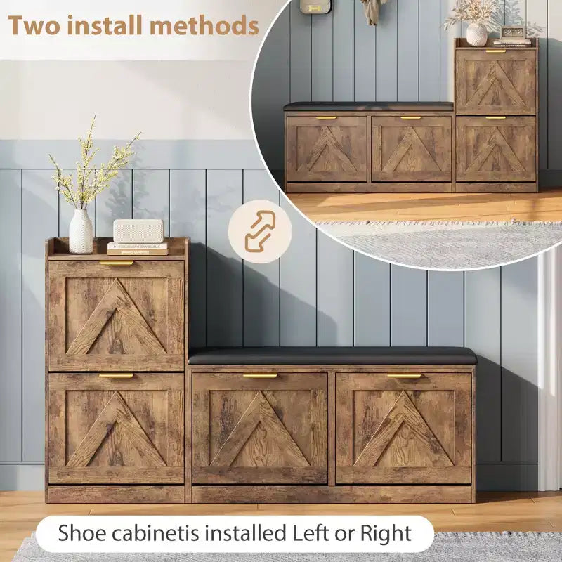 Meuble à chaussures style farmhouse avec banc, 4 tiroirs basculants pour l’entrée, organisateur de rangement avec assise rembourrée confortable, banc porte-chaussures autoportant