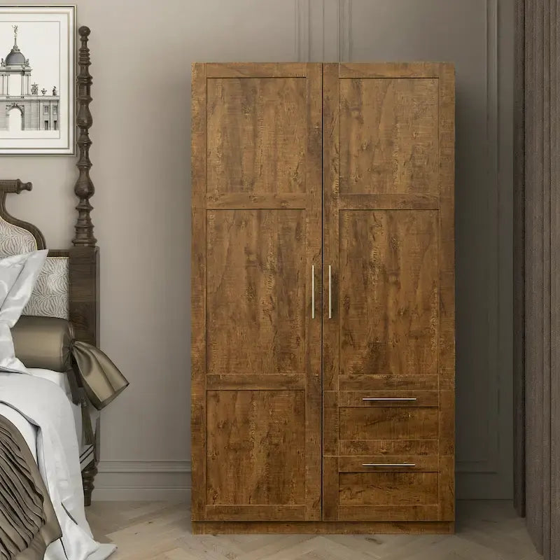 Armoire de rangement en bois blanc avec portes, tiroirs et tringle de penderie
