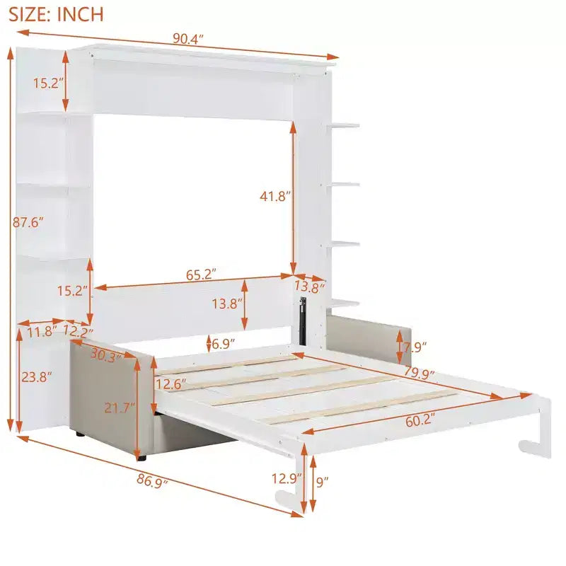 Queen-Murphy-Bett mit Sofa, Schrankbett in Queen-Size zum Zusammenklappen mit Bücherregal und Regalen für Gästezimmer oder Büro