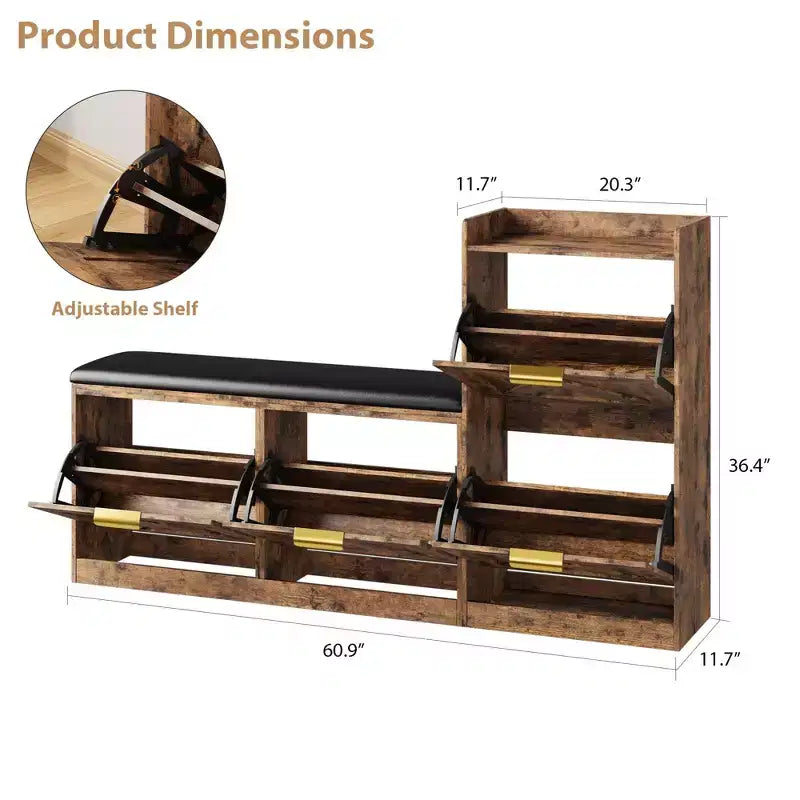 Meuble à chaussures style farmhouse avec banc, 4 tiroirs basculants pour l’entrée, organisateur de rangement avec assise rembourrée confortable, banc porte-chaussures autoportant