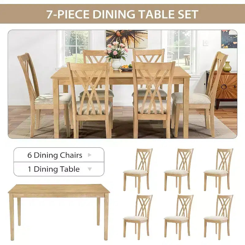 Zevemomo-7-teiliges Esstischset aus Massivholz mit 6 gepolsterten Stühlen, platzsparendes Esszimmermöbelset, für Esszimmer und Küche, Farbe: Naturholz