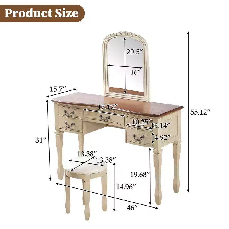Vintage kaptafelset, vintage make-uptafel, kaptafel van 46 inch met gebogen spiegel met bloemen, 5 opbergladen