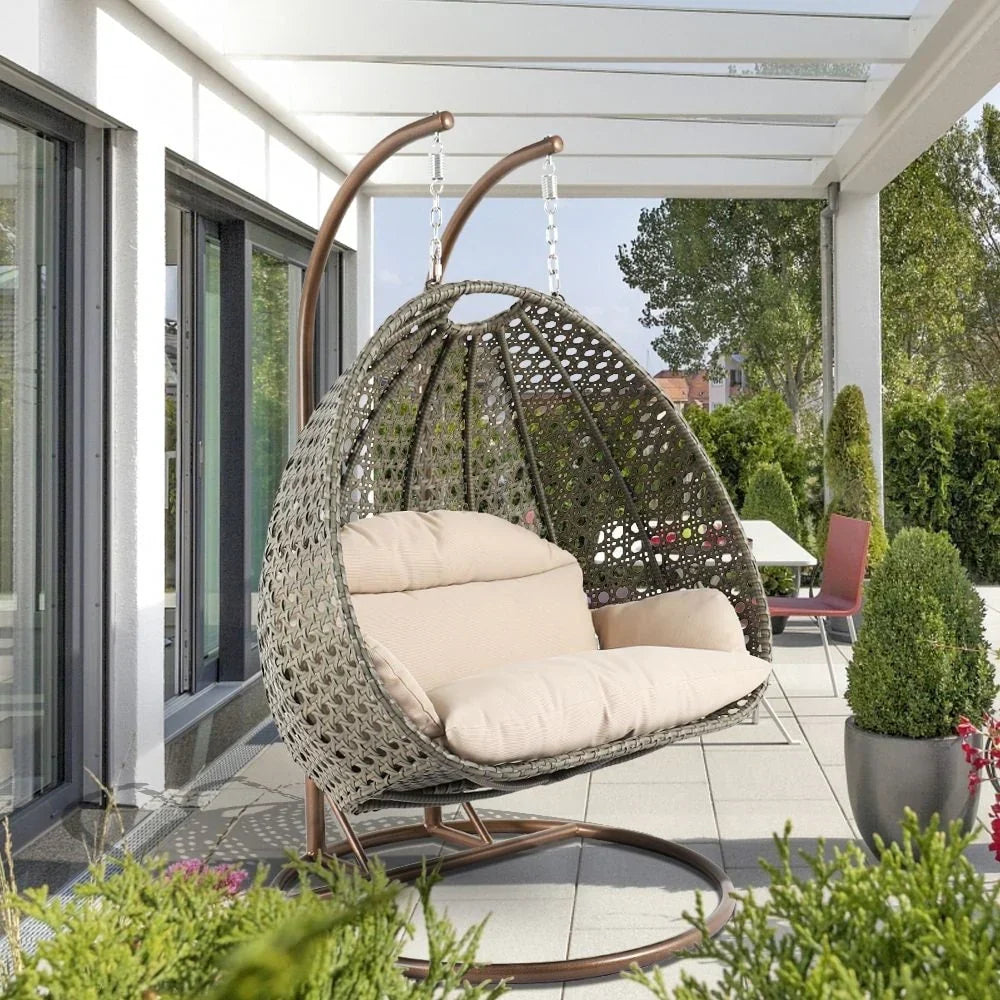 Fauteuil œuf suspendu 2 places LeisureMod avec support - fauteuil hamac balançoire de patio en osier de rotin pour l’extérieur et l’intérieur, avec coussins
