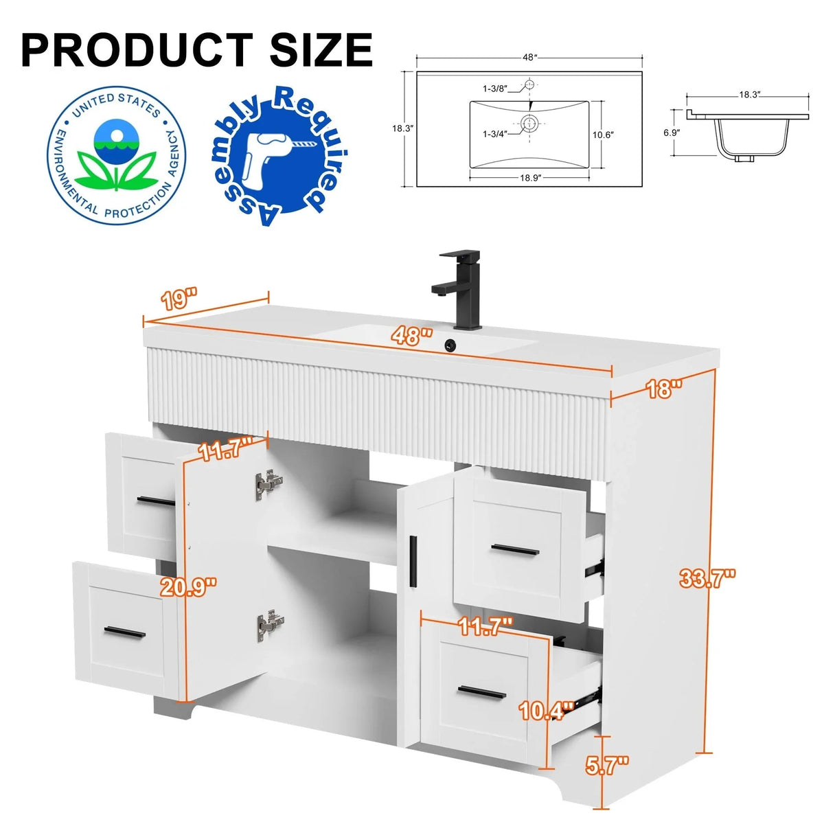 Ensemble meuble-lavabo de salle de bain Wavy Line 30/36/48 avec lavabo et robinet