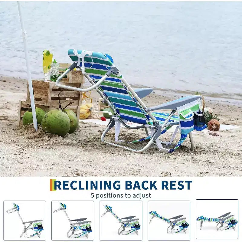 Acekool set van 2 lichtgewicht strandstoelen als rugzak, verstelbaar in 5 standen en plat te leggen, voor volwassenen, met banden, bekerhouder en handdoekstang, draagvermogen 300 lbs