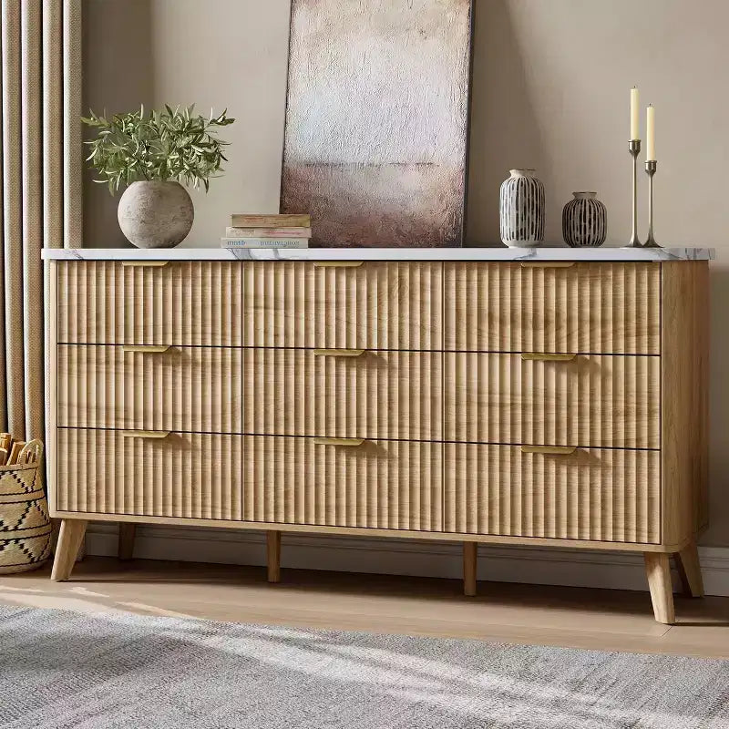Commode met 9 gecanneleerde laden, moderne ladekast, houten commode-tv-meubel, gebogen ontwerp, voor de woonkamer of hal