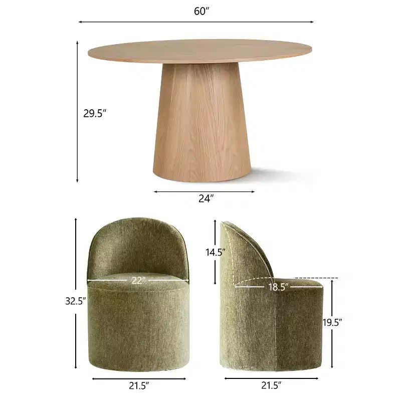 Ensemble de salle à manger moderne pour 6 personnes, table ronde à piètement central, fauteuils pivotants en forme de tonneau à roulettes, chenille texturée - Panipeachy