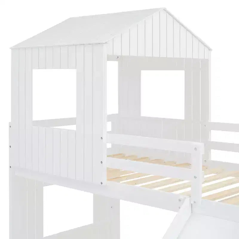 Lit superposé en bois Luxystar, couchage supérieur 1 place et inférieur 2 places, avec maisonnette, toboggan et barrières de sécurité