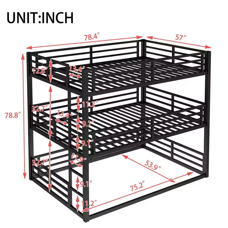 Etagenbett für drei Personen, Metall, mit Sicherheitsgittern, robustes Etagenbett mit geräuschreduziertem Design, Schwarz