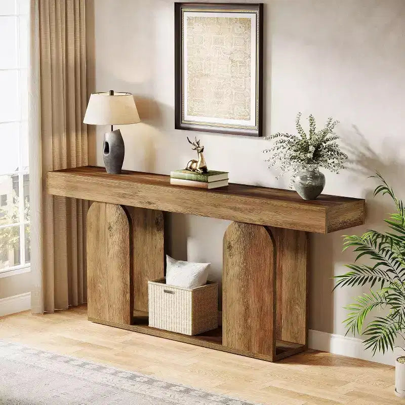 Table console de ferme extra-longue Lantine de 70.9 pouces avec étagère de rangement en bois à 2 niveaux, pour couloir, salon et entrée, brun vintage.
