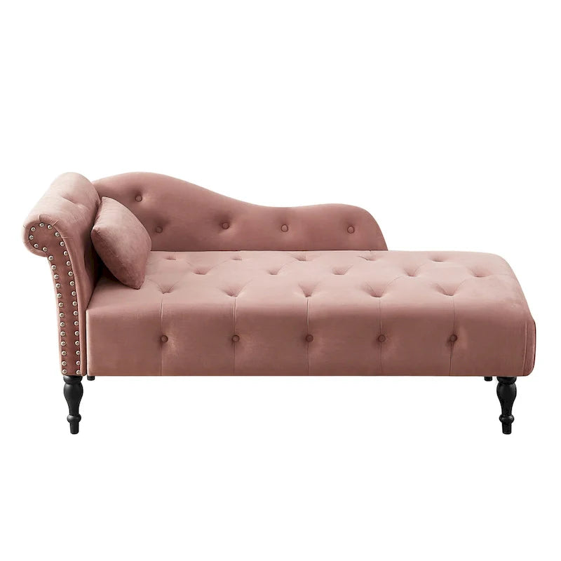 Moderne chaise longue van 60,6, bekleed met fluweel en voorzien van gecapitonneerde knopen, met poten van massief hout en sierspijkers