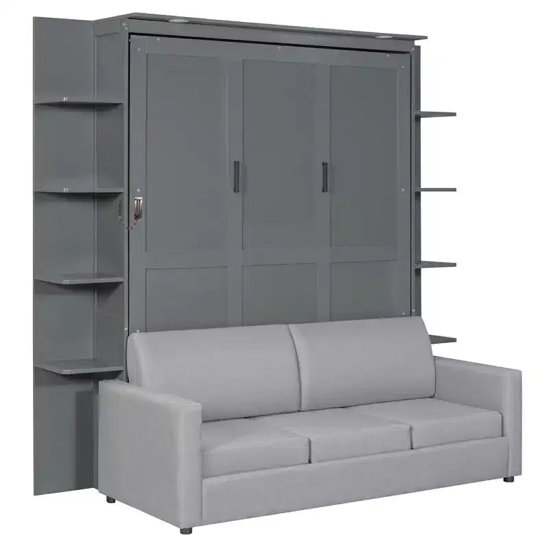 Queen-Murphy-Bett mit Sofa, Schrankbett in Queen-Size zum Zusammenklappen mit Bücherregal und Regalen für Gästezimmer oder Büro