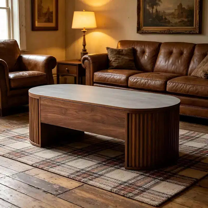 47.2 Couchtisch mit hochklappbarer Tischplatte und verstecktem Fach, oval, braun